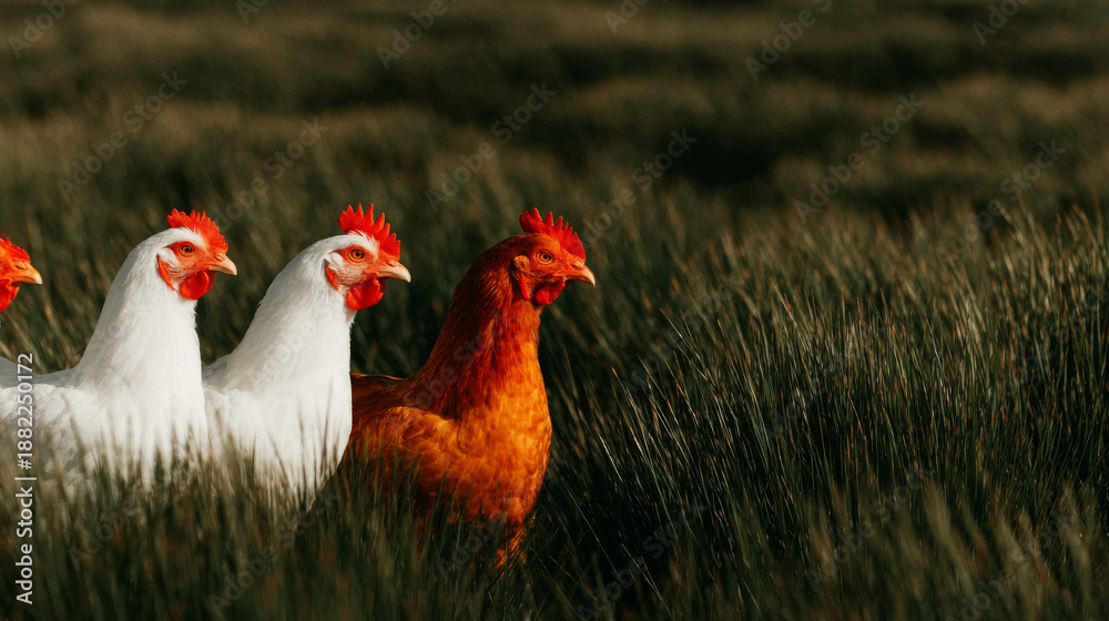 Fototapeta premium Chickens with white and brown feathers standing in a green field of long grass. Representing natural environment and sustainable farming