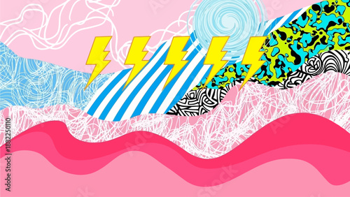 Vibrant abstract landscape with striped pattern and lightning bolts over wavy terrain from an aerial viewpoint