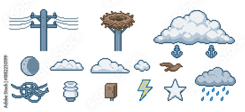 Set of various pixel art icons depicting weather phenomena, electrical utility objects, and nature elements in a retro 8-bit video game style