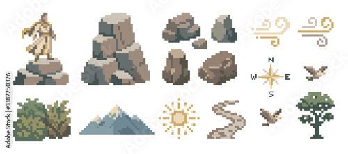 Set of pixel art game icons for a fantasy adventure, featuring a statue, mountain, rocks, tree, compass, and wind symbols for a retro RPG user interface or map design