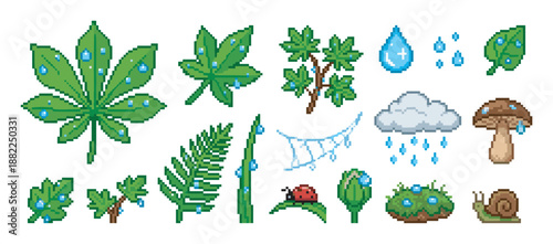 Collection of pixel art nature elements including leaves with raindrops, a mushroom, a ladybug, a snail, and a raining cloud in a retro 8-bit gaming aesthetic