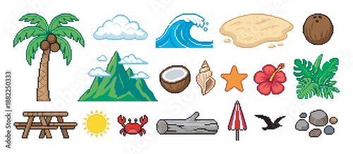 Pixel art tropical island icon set with various summer vacation elements like a palm tree, ocean wave, sun, crab, hibiscus flower, and seashell in a retro 8-bit video game style