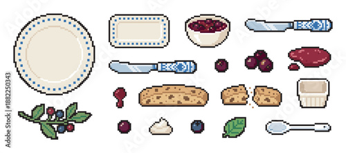 Pixel art set of scone tea ingredients including plates, jam, cream, and berries in a charming retro 8-bit video game style illustration for a cozy breakfast or brunch concept