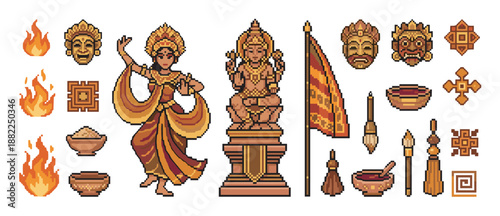 Pixel art collection of traditional cultural elements featuring a dancer, deity statue, masks, and ritual items in a retro 8-bit video game style