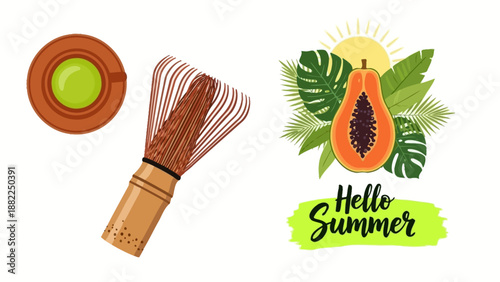 A vibrant summer illustration featuring papaya and leaves with a whisk and citrus on wooden accents