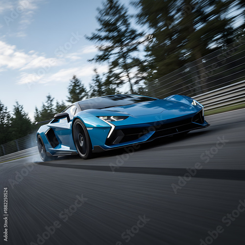 Powerful blue exotic vehicle drifting through a sharp turn on a scenic professional racing course