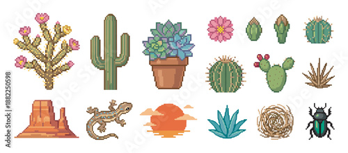 Set of pixel art desert icons featuring cacti, a succulent, a lizard, a beetle, and a sunset, created in a retro 8-bit video game style for digital design projects