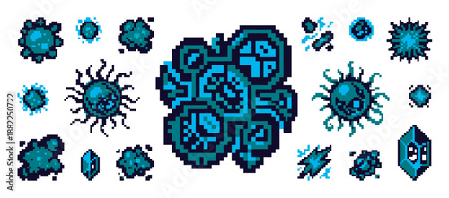 Blue and teal pixel art game assets collection featuring retro 8-bit style monsters, alien creatures, viruses, and abstract fantasy icons for a video game