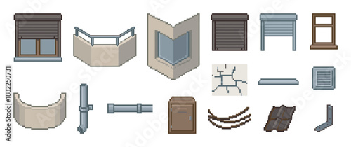Set of pixel art building elements for game development, including windows with shutters, balconies, pipes, roof tiles, and other architectural sprites for creating urban scenes