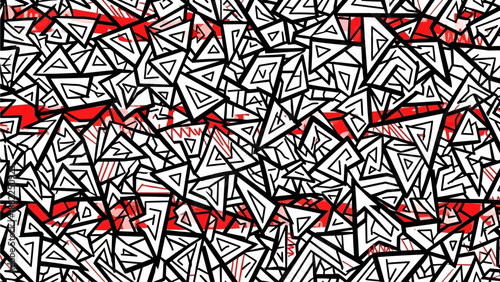 Abstract geometric pattern with overlapping triangles and red accents in a chaotic arrangement