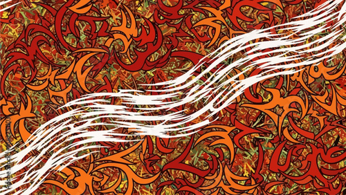 Vibrant abstract artwork featuring dynamic swirling patterns with wavy lines, energetic motion, and intricate design elements in a kaleidoscope of colors