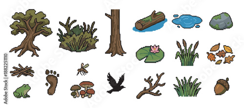 Collection of pixel art forest and swamp icons featuring a tree, frog, mushrooms, water lily, and other nature elements for a video game asset pack