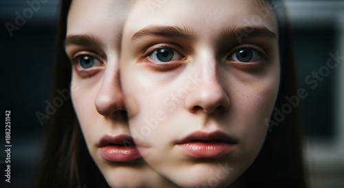 Close Up Face with Duplicated Misaligned Features Creating Uncanny Valley Effect