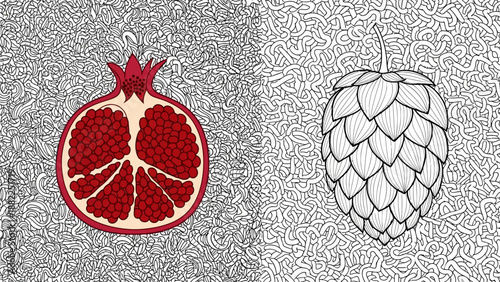 Detailed illustration of pomegranate and hop cone on textured background from direct viewpoint