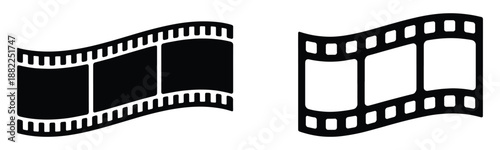 Two vector icons of a film strip, one solid black and one outlined, representing cinema and movies.