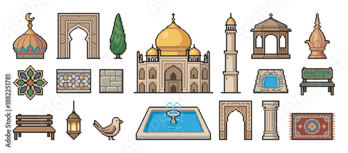 Large set of pixelated game assets showing ancient Arabian architecture, with a mausoleum, tower, archways, and garden objects in a vintage 8-bit graphic style