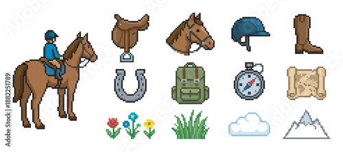 Pixel art set of equestrian and adventure icons featuring a horse with rider, saddle, horseshoe, backpack, compass, and map in a classic 8-bit video game style