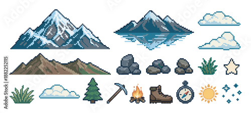 Set of pixel art hiking and camping icons showing mountains, a compass, a boot, a campfire, and a pickaxe for a retro video game adventure asset pack