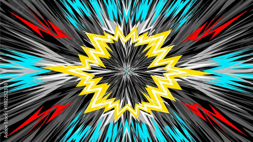 Dynamic abstract pattern with starburst effect featuring vibrant colors and radial motion