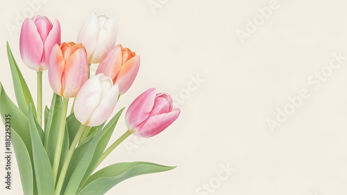 Bunch of pink, peach, and white tulips with green leaves on a light background flowers