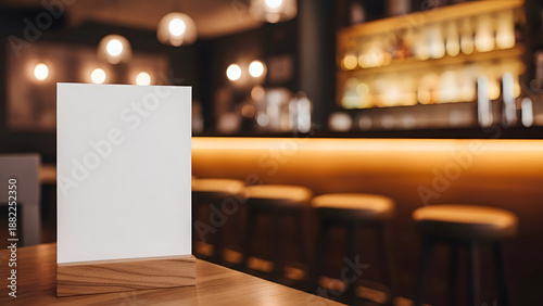 Blank white menu card on a wooden stand on a bar counter with blurred background mockup