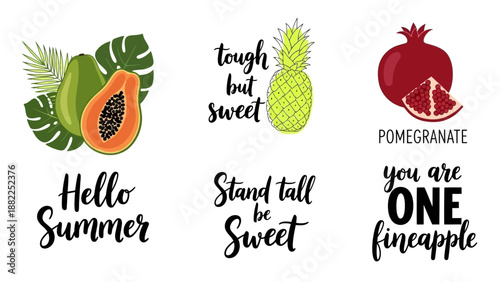 Vibrant Summer Fruits Display with Quotes and Illustrations