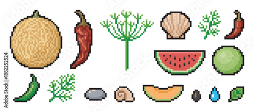 Pixel art collection of various food and nature icons including melon, watermelon, chili pepper, dill, and seashells, designed in a retro 8-bit video game style