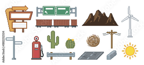 Pixel art set of desert roadside icons featuring a train, cactus, gas pump, wind turbine, and highway signs in a retro 8-bit video game style for a travel or adventure theme