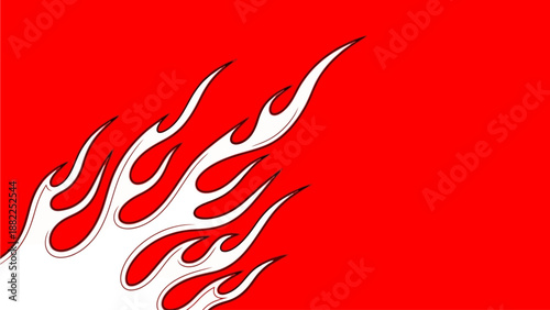 Fiery flames rising from the bottom left corner, a stylized digital illustration of fire on a red background
