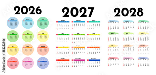 Set of calendars for 2026, 2027 and 2028 on a white background
