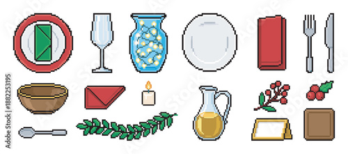 Collection of festive holiday dinner pixel art icons featuring a table setting with a plate, cutlery, glass, candle, and decorations, rendered in a retro 8-bit video game style