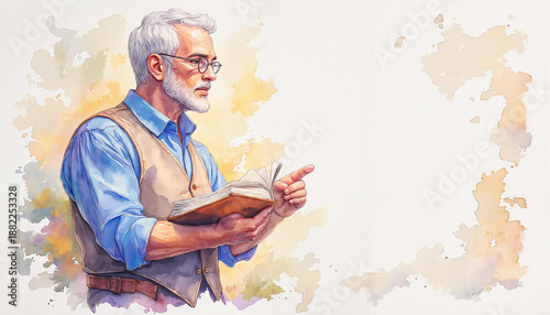 Watercolor illustration of a senior man reading a book and pointing. Wise professor or storyteller teaching. Education and wisdom concept with copy space