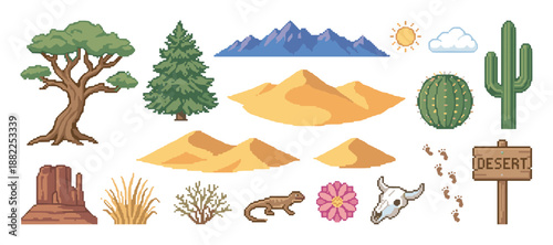 Set of pixel art desert icons featuring a cactus, sand dune, mountain, tree, skull, and lizard for a retro video game asset pack with a wild west theme