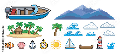 Pixel art set of summer travel and sea adventure icons for a retro 8-bit video game, featuring a motorboat, island, mountain, waves, and nautical symbols