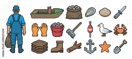 Pixel art icon set of fishing and clamming equipment with a fisherman, boat, crab, oyster, and anchor in a retro 8-bit video game style illustration for various design elements