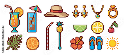 Collection of colorful pixel art summer icons featuring tropical cocktails, fruit slices, a sun hat, jewelry, and beach accessories in a retro 8-bit video game style