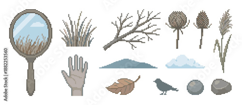 Set of pixel art nature exploration icons for a retro video game, including a magnifying glass, bare branch, dry leaf, bird silhouette, hand, and stones for an adventure theme