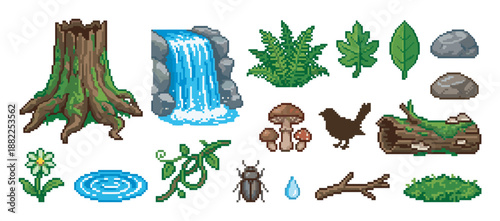 Pixel art collection of forest nature elements including a waterfall, tree stump, mossy log, mushrooms, and plants for a retro video game asset pack or digital design