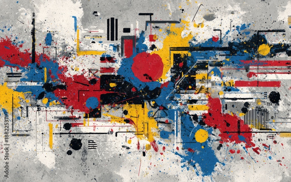 Fototapeta premium Abstract explosion of primary colors on textured gray canvas