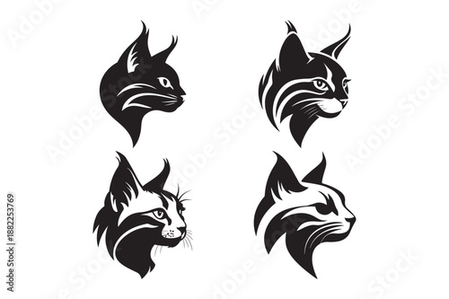 Lynx and wild cat head silhouettes tribal style set