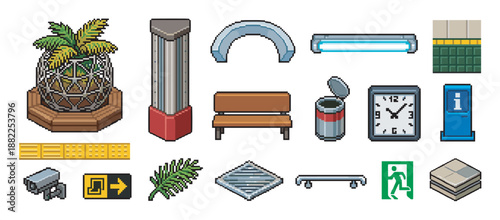 Large set of pixel art game assets for a public station environment, including a bench, clock, plant, signs, and other decorative elements in a retro 8-bit style