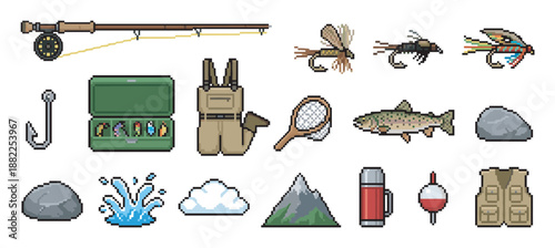 Pixel art icon set of fly fishing equipment including a rod, reel, lures, waders, and a trout, rendered in a retro 8-bit video game style for outdoor hobby concepts