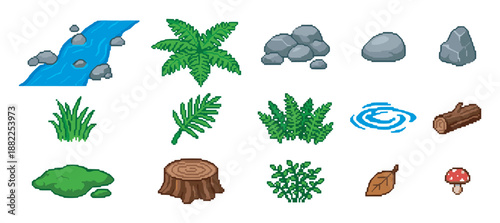 Set of pixel art nature elements for video games, including a river, rocks, plants, a mushroom, and a tree stump in a retro 8-bit style