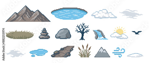 Pixel art nature icons and landscape elements featuring mountains, a lake, clouds, and a tree for creating a retro 8-bit video game scene or environment illustration