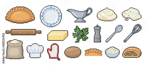 Collection of pixel art cooking icons showing ingredients and utensils for making dumplings or pierogi, including flour, butter, a rolling pin, and a chef hat in a retro 8-bit style