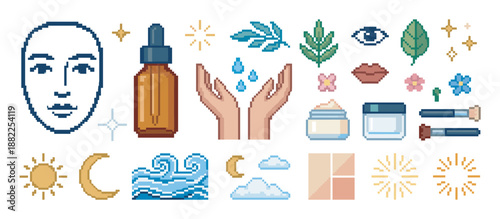 Set of pixel art beauty icons for skincare and cosmetics, including a face, serum, cream, and natural elements like leaves and flowers, presented in a retro 8-bit video game style