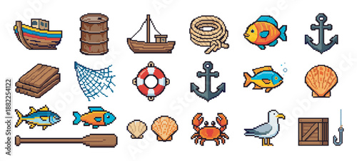 Collection of pixel art nautical icons featuring a boat, anchor, fish, crab, and lifebuoy in a retro 8-bit video game style for creative design projects