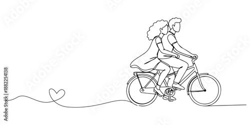 Continuous one-line drawing of two people cycling together, symbolizing the journey of love. Line art style vector illustration.