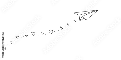 Continuous one line drawing of a paper airplane with a heart shape behind it, long distance love sketch. Line art style vector illustration.
