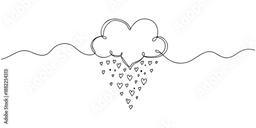 Continuous one line drawing of heart-shaped clouds raining down on small hearts, a beautiful love design. Line art style vector illustration.